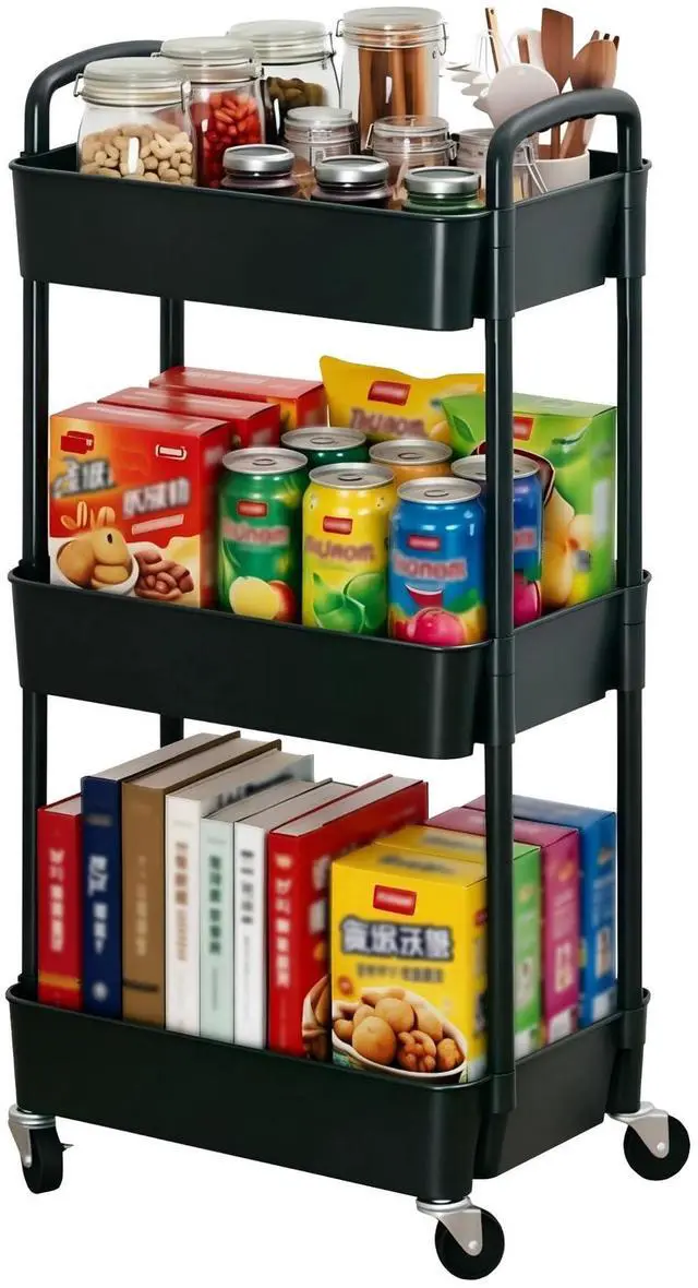 Main image of 3-Tier Plastic Rolling Utility Cart with Wheels for Storage,Black | Multi-Functional Storage Trolley, for Office, Living Room, Kitchen, Bathroom,Movable Organizer,Space-Saving,Easy to assemble