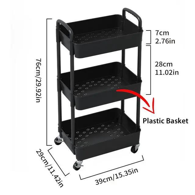 Alt view image 2 of 7 - 3-Tier Plastic Rolling Utility Cart with Wheels for Storage,Black | Multi-Functional Storage Trolley, for Office, Living Room, Kitchen, Bathroom,Movable Organizer,Space-Saving,Easy to assemble