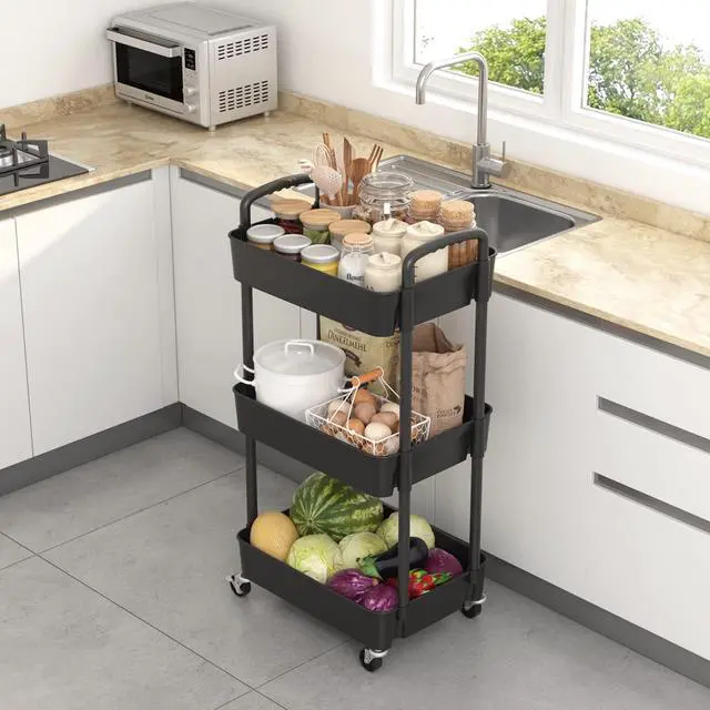 Alt view image 3 of 7 - 3-Tier Plastic Rolling Utility Cart with Wheels for Storage,Black | Multi-Functional Storage Trolley, for Office, Living Room, Kitchen, Bathroom,Movable Organizer,Space-Saving,Easy to assemble