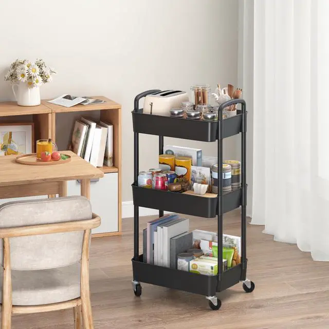 Alt view image 4 of 7 - 3-Tier Plastic Rolling Utility Cart with Wheels for Storage,Black | Multi-Functional Storage Trolley, for Office, Living Room, Kitchen, Bathroom,Movable Organizer,Space-Saving,Easy to assemble