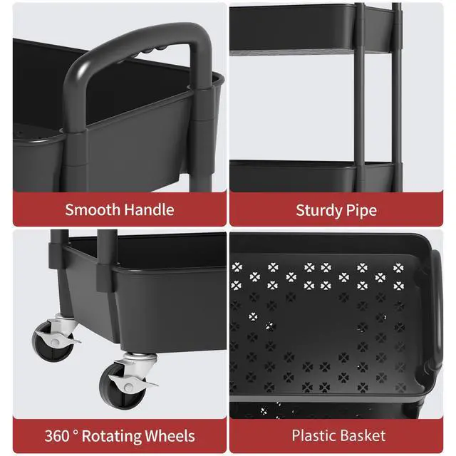 Alt view image 7 of 7 - 3-Tier Plastic Rolling Utility Cart with Wheels for Storage,Black | Multi-Functional Storage Trolley, for Office, Living Room, Kitchen, Bathroom,Movable Organizer,Space-Saving,Easy to assemble