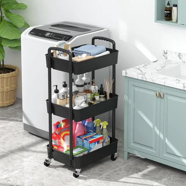 Alt view image 5 of 7 - 3-Tier Plastic Rolling Utility Cart with Wheels for Storage,Black | Multi-Functional Storage Trolley, for Office, Living Room, Kitchen, Bathroom,Movable Organizer,Space-Saving,Easy to assemble