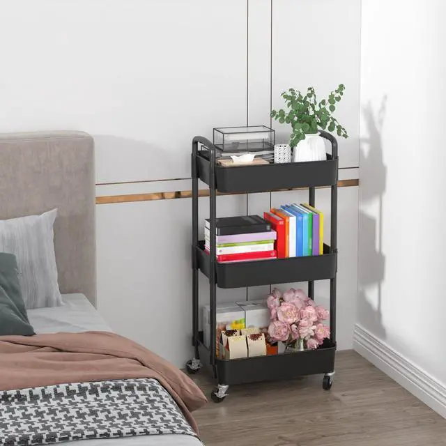 Alt view image 6 of 7 - 3-Tier Plastic Rolling Utility Cart with Wheels for Storage,Black | Multi-Functional Storage Trolley, for Office, Living Room, Kitchen, Bathroom,Movable Organizer,Space-Saving,Easy to assemble