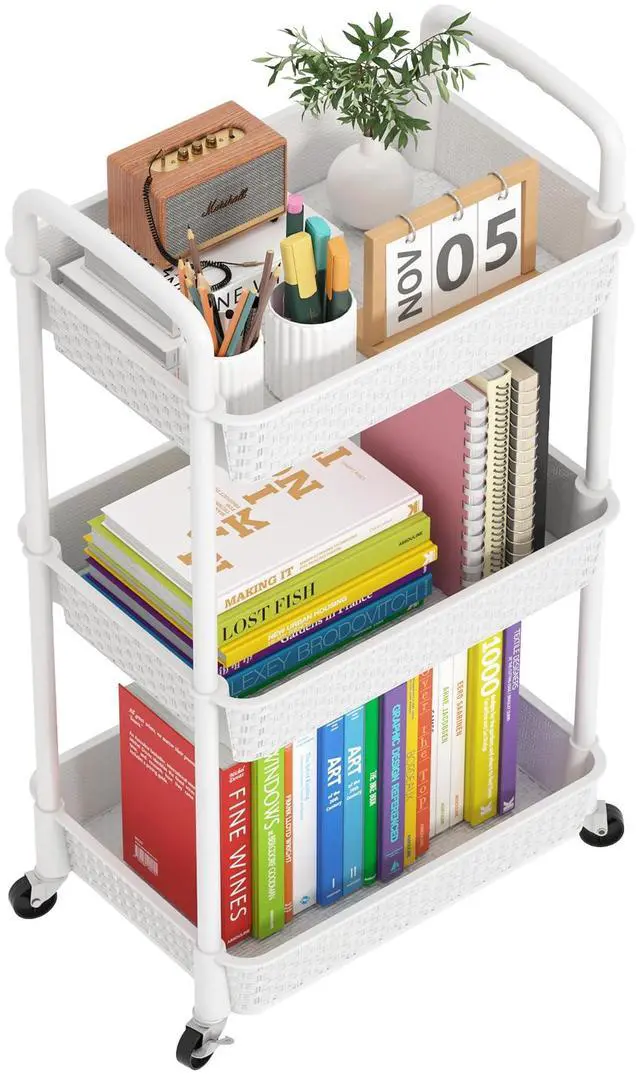 Main image of 3-Tier Plastic Rolling Utility Cart with Handle,Utility Storage Cart for Office, Living Room, Kitchen,Movable Storage Organizer Shelves,White | Utility Storage Cart for Office, Living Room