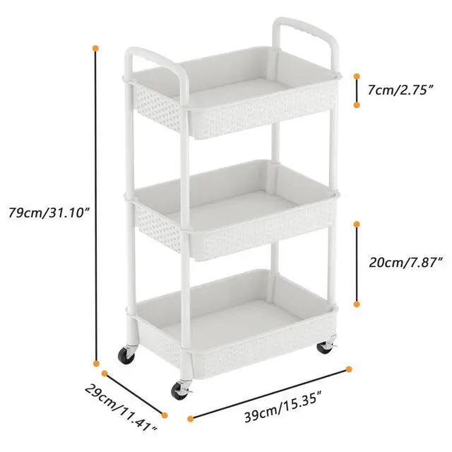Alt view image 3 of 7 - 3-Tier Plastic Rolling Utility Cart with Handle,Utility Storage Cart for Office, Living Room, Kitchen,Movable Storage Organizer Shelves,White | Utility Storage Cart for Office, Living Room