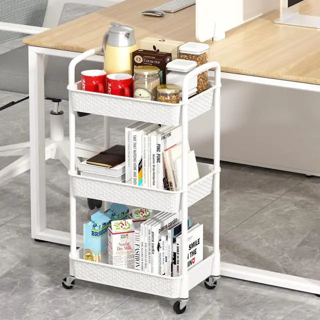 Alt view image 4 of 7 - 3-Tier Plastic Rolling Utility Cart with Handle,Utility Storage Cart for Office, Living Room, Kitchen,Movable Storage Organizer Shelves,White | Utility Storage Cart for Office, Living Room