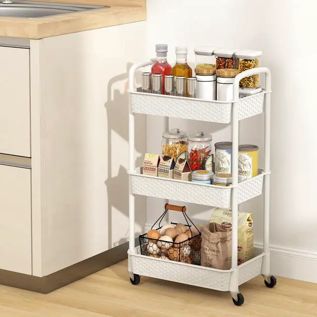 Alt view image 5 of 7 - 3-Tier Plastic Rolling Utility Cart with Handle,Utility Storage Cart for Office, Living Room, Kitchen,Movable Storage Organizer Shelves,White | Utility Storage Cart for Office, Living Room
