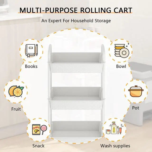 Alt view image 6 of 7 - 3-Tier Plastic Rolling Utility Cart with Handle,Utility Storage Cart for Office, Living Room, Kitchen,Movable Storage Organizer Shelves,White | Utility Storage Cart for Office, Living Room