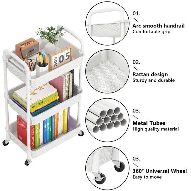 Alt view image 7 of 7 - 3-Tier Plastic Rolling Utility Cart with Handle,Utility Storage Cart for Office, Living Room, Kitchen,Movable Storage Organizer Shelves,White | Utility Storage Cart for Office, Living Room