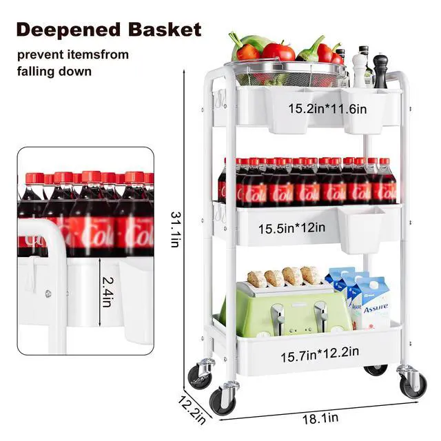 Alt view image 2 of 7 - 3 Tier Rolling Cart Metal with Wheels, White Three Tiered Craft Cart Organizer on Wheels, Storage Utility Carts for Art, Baby Nursery,Diaper Caddy, Cleaning Supplies, Nail,Lash,Snack,Book,Roller Shelf