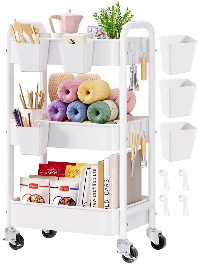 Main image of 3 Tier Rolling Cart Metal with Wheels, White Three Tiered Craft Cart Organizer on Wheels, Storage Utility Carts for Art, Baby Nursery,Diaper Caddy, Cleaning Supplies, Nail,Lash,Snack,Book,Roller Shelf