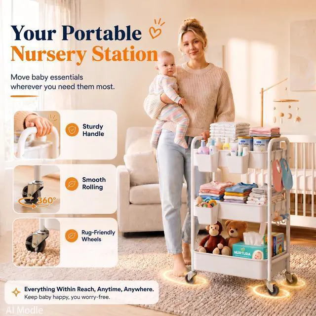 Alt view image 3 of 7 - 3 Tier Rolling Cart Metal with Wheels, White Three Tiered Craft Cart Organizer on Wheels, Storage Utility Carts for Art, Baby Nursery,Diaper Caddy, Cleaning Supplies, Nail,Lash,Snack,Book,Roller Shelf