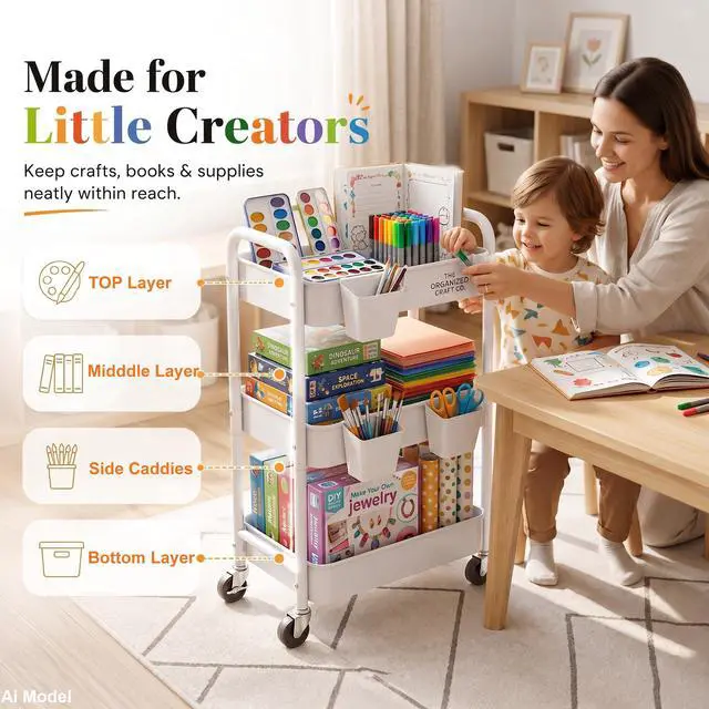 Alt view image 4 of 7 - 3 Tier Rolling Cart Metal with Wheels, White Three Tiered Craft Cart Organizer on Wheels, Storage Utility Carts for Art, Baby Nursery,Diaper Caddy, Cleaning Supplies, Nail,Lash,Snack,Book,Roller Shelf