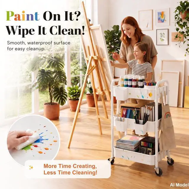 Alt view image 5 of 7 - 3 Tier Rolling Cart Metal with Wheels, White Three Tiered Craft Cart Organizer on Wheels, Storage Utility Carts for Art, Baby Nursery,Diaper Caddy, Cleaning Supplies, Nail,Lash,Snack,Book,Roller Shelf