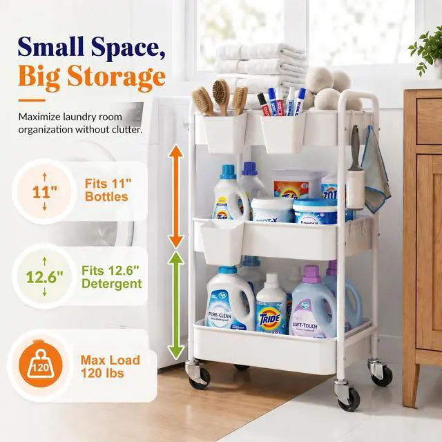 Alt view image 6 of 7 - 3 Tier Rolling Cart Metal with Wheels, White Three Tiered Craft Cart Organizer on Wheels, Storage Utility Carts for Art, Baby Nursery,Diaper Caddy, Cleaning Supplies, Nail,Lash,Snack,Book,Roller Shelf