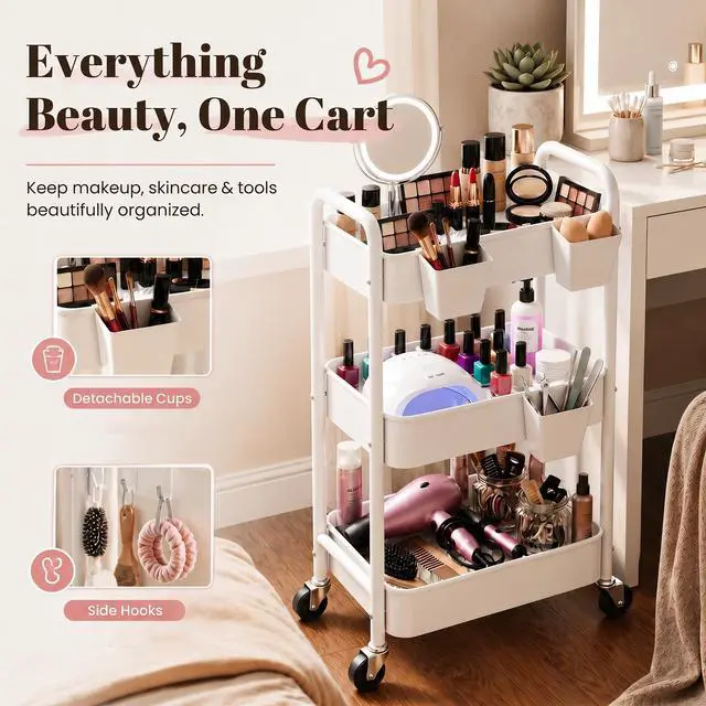 Alt view image 7 of 7 - 3 Tier Rolling Cart Metal with Wheels, White Three Tiered Craft Cart Organizer on Wheels, Storage Utility Carts for Art, Baby Nursery,Diaper Caddy, Cleaning Supplies, Nail,Lash,Snack,Book,Roller Shelf