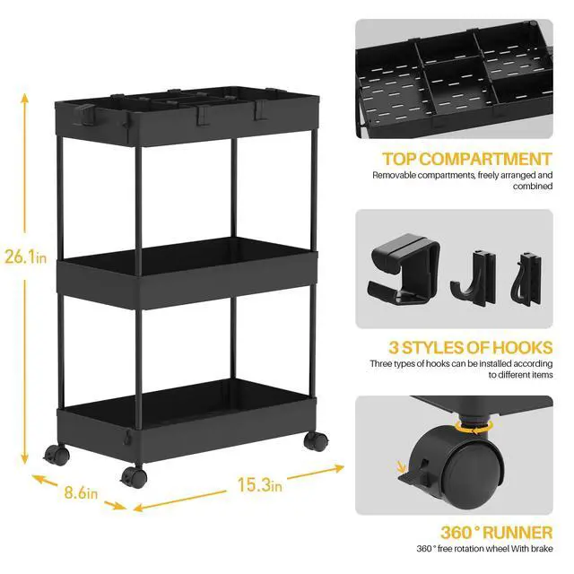 Alt view image 2 of 7 - 3 Tier Rolling Cart with Wheels, Storage Craft Art Trolley Organizer Serving, 3 Hanging Baskets Easy Assembly, for Office, BathroomLiving Room, Kitchen, Black