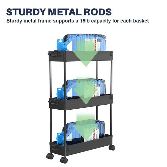 Alt view image 4 of 7 - 3 Tier Rolling Cart with Wheels, Storage Craft Art Trolley Organizer Serving, 3 Hanging Baskets Easy Assembly, for Office, BathroomLiving Room, Kitchen, Black