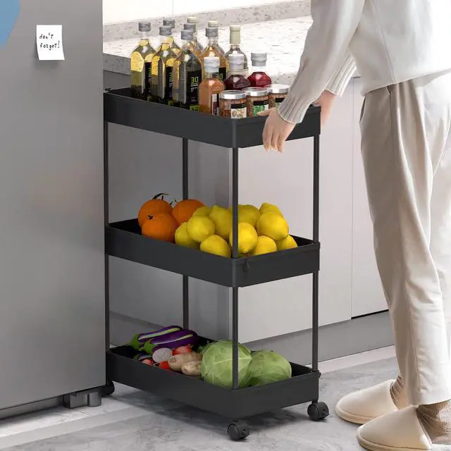 Alt view image 6 of 7 - 3 Tier Rolling Cart with Wheels, Storage Craft Art Trolley Organizer Serving, 3 Hanging Baskets Easy Assembly, for Office, BathroomLiving Room, Kitchen, Black