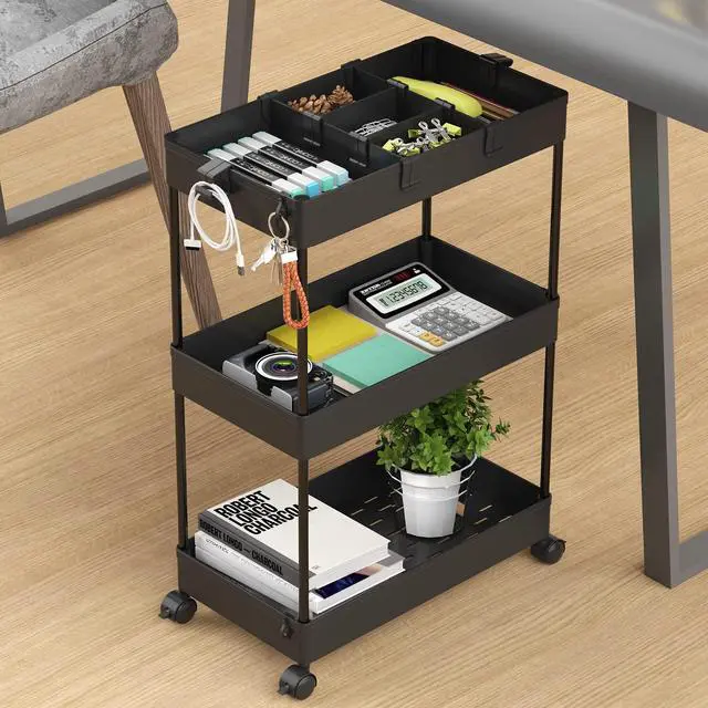 Alt view image 7 of 7 - 3 Tier Rolling Cart with Wheels, Storage Craft Art Trolley Organizer Serving, 3 Hanging Baskets Easy Assembly, for Office, BathroomLiving Room, Kitchen, Black