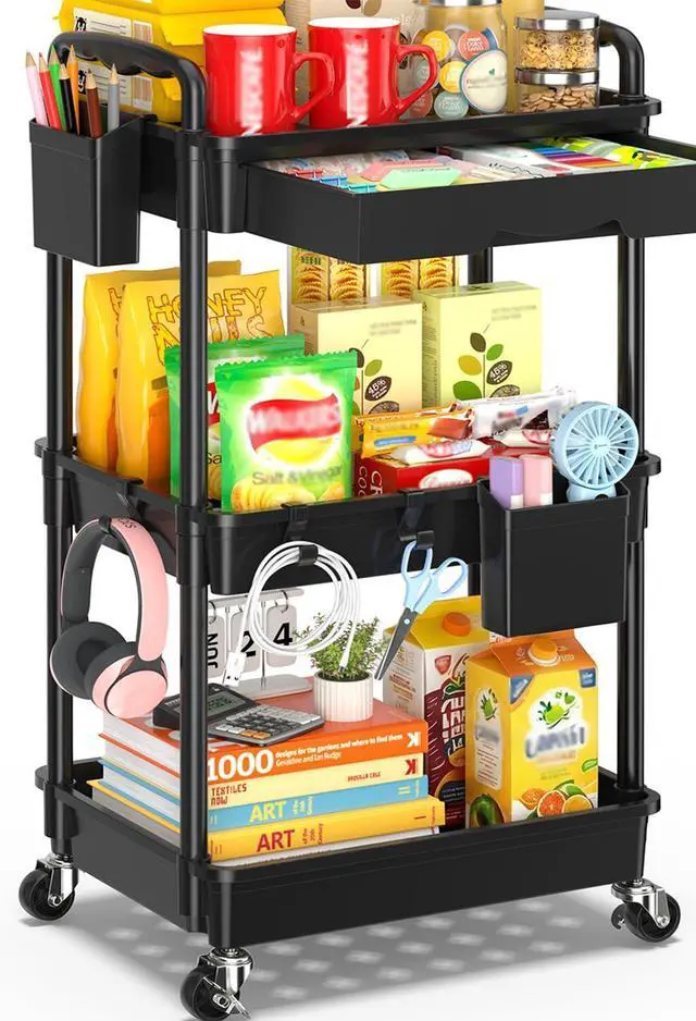 Main image of 3 Tier Rolling Cart with Drawer, Craft Storage Cart Organizer,Black | Bathroom Storage Organizer with 2 Lockable Wheels, Rolling Utility Cart for Kitchen, Office, Baby, Makeup, Nail,Snack,Laundry