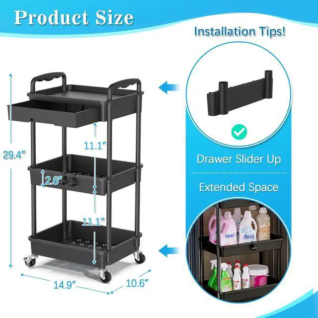 Alt view image 2 of 7 - 3 Tier Rolling Cart with Drawer, Craft Storage Cart Organizer,Black | Bathroom Storage Organizer with 2 Lockable Wheels, Rolling Utility Cart for Kitchen, Office, Baby, Makeup, Nail,Snack,Laundry