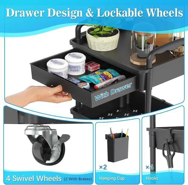 Alt view image 3 of 7 - 3 Tier Rolling Cart with Drawer, Craft Storage Cart Organizer,Black | Bathroom Storage Organizer with 2 Lockable Wheels, Rolling Utility Cart for Kitchen, Office, Baby, Makeup, Nail,Snack,Laundry