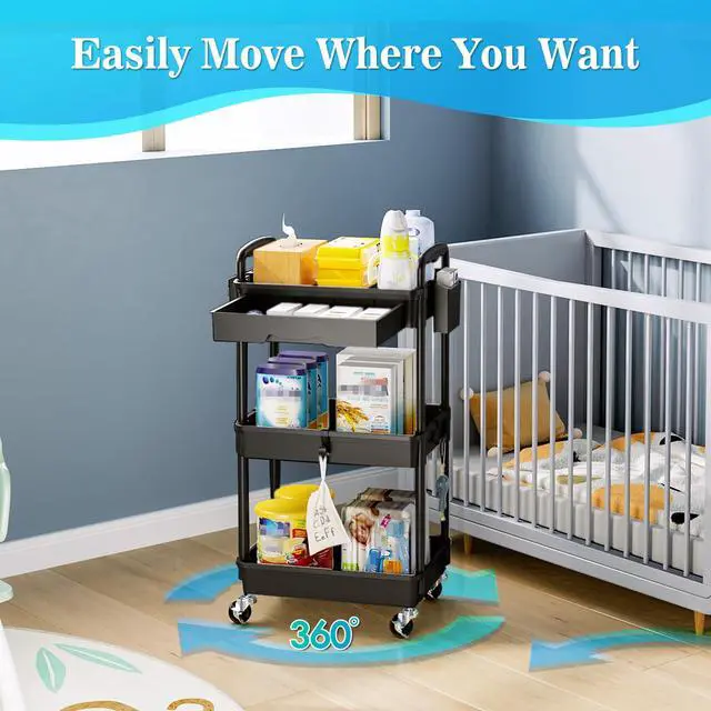 Alt view image 5 of 7 - 3 Tier Rolling Cart with Drawer, Craft Storage Cart Organizer,Black | Bathroom Storage Organizer with 2 Lockable Wheels, Rolling Utility Cart for Kitchen, Office, Baby, Makeup, Nail,Snack,Laundry
