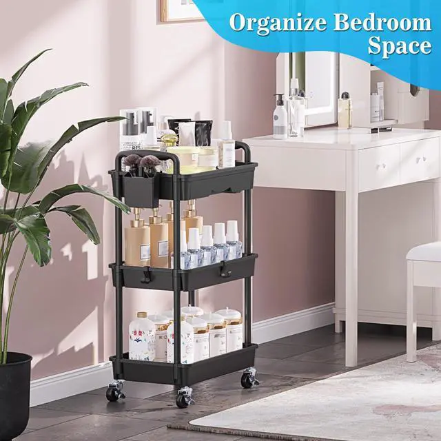 Alt view image 6 of 7 - 3 Tier Rolling Cart with Drawer, Craft Storage Cart Organizer,Black | Bathroom Storage Organizer with 2 Lockable Wheels, Rolling Utility Cart for Kitchen, Office, Baby, Makeup, Nail,Snack,Laundry