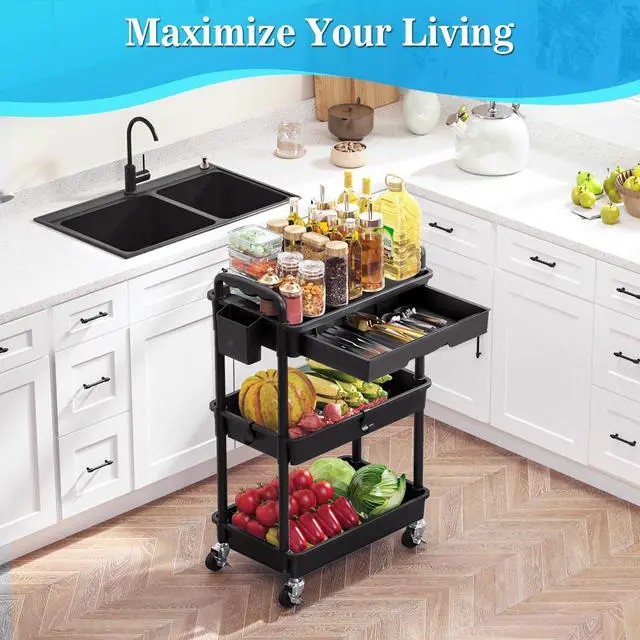 Alt view image 7 of 7 - 3 Tier Rolling Cart with Drawer, Craft Storage Cart Organizer,Black | Bathroom Storage Organizer with 2 Lockable Wheels, Rolling Utility Cart for Kitchen, Office, Baby, Makeup, Nail,Snack,Laundry