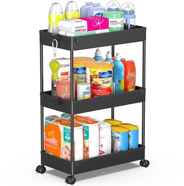 Main image of 3 Tier Rolling Cart, Bathroom Cart Organizer with Wheels, Black | Mobile Storage Cart for Laundry Room Organization,Kitchen,Office,Bathroom, Utility Cart for Snack,Craft,Art,Makeup,Nail,Toys