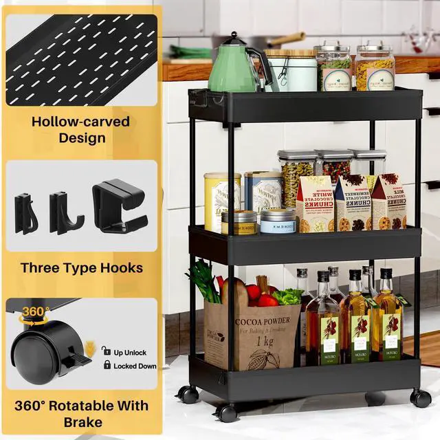 Alt view image 2 of 7 - 3 Tier Rolling Cart, Bathroom Cart Organizer with Wheels, Black | Mobile Storage Cart for Laundry Room Organization,Kitchen,Office,Bathroom, Utility Cart for Snack,Craft,Art,Makeup,Nail,Toys