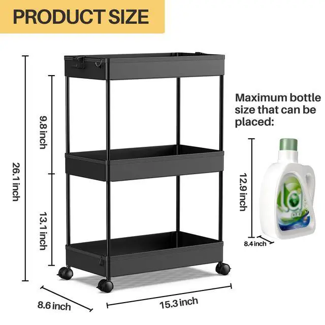 Alt view image 4 of 7 - 3 Tier Rolling Cart, Bathroom Cart Organizer with Wheels, Black | Mobile Storage Cart for Laundry Room Organization,Kitchen,Office,Bathroom, Utility Cart for Snack,Craft,Art,Makeup,Nail,Toys