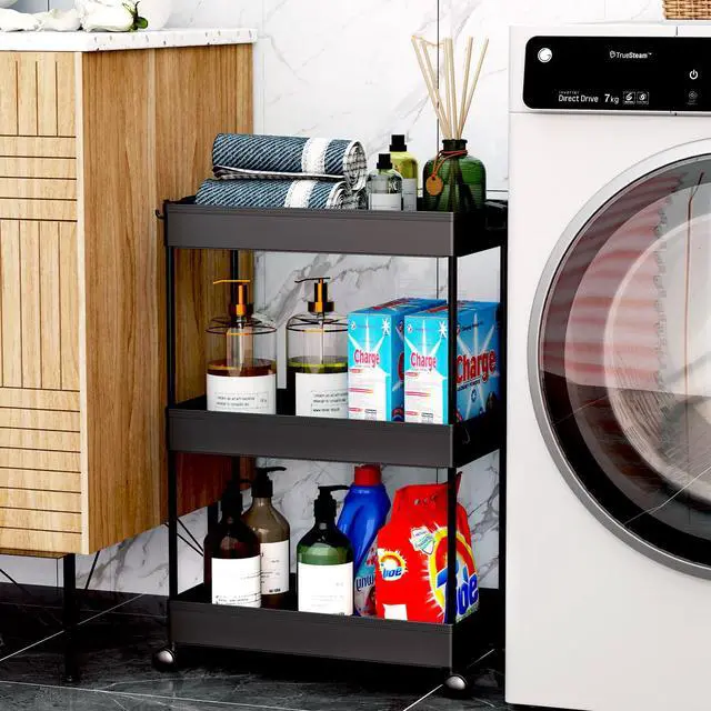 Alt view image 5 of 7 - 3 Tier Rolling Cart, Bathroom Cart Organizer with Wheels, Black | Mobile Storage Cart for Laundry Room Organization,Kitchen,Office,Bathroom, Utility Cart for Snack,Craft,Art,Makeup,Nail,Toys
