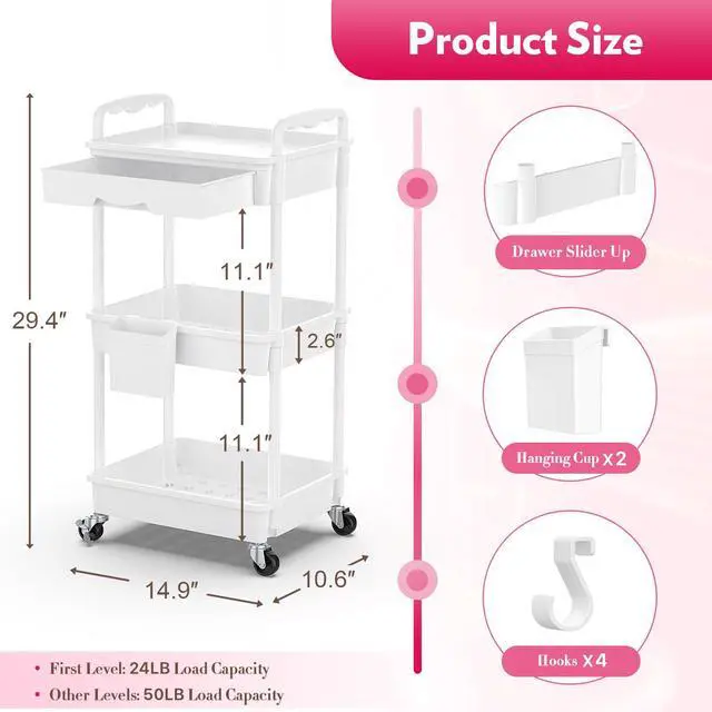 Alt view image 2 of 7 - Makeup Cart Organizer with Drawer,3 Tier Rolling Makeup Cart, White | Rolling Vanity Storage for Skin Care Perfume Nail Polish, Floor Skincare Organizers Cosmetics Display Bathroom Storage Cart
