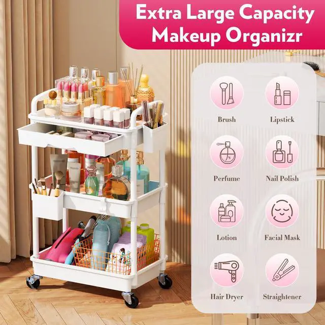 Alt view image 4 of 7 - Makeup Cart Organizer with Drawer,3 Tier Rolling Makeup Cart, White | Rolling Vanity Storage for Skin Care Perfume Nail Polish, Floor Skincare Organizers Cosmetics Display Bathroom Storage Cart
