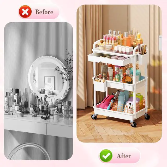 Alt view image 5 of 7 - Makeup Cart Organizer with Drawer,3 Tier Rolling Makeup Cart, White | Rolling Vanity Storage for Skin Care Perfume Nail Polish, Floor Skincare Organizers Cosmetics Display Bathroom Storage Cart
