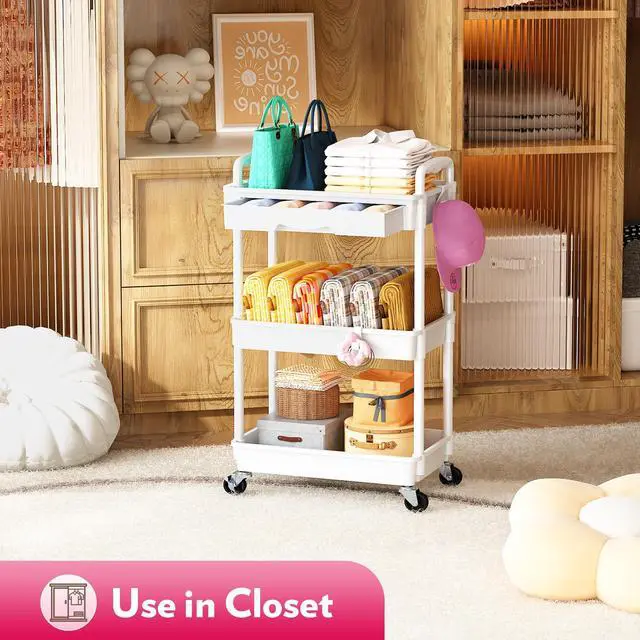 Alt view image 6 of 7 - Makeup Cart Organizer with Drawer,3 Tier Rolling Makeup Cart, White | Rolling Vanity Storage for Skin Care Perfume Nail Polish, Floor Skincare Organizers Cosmetics Display Bathroom Storage Cart