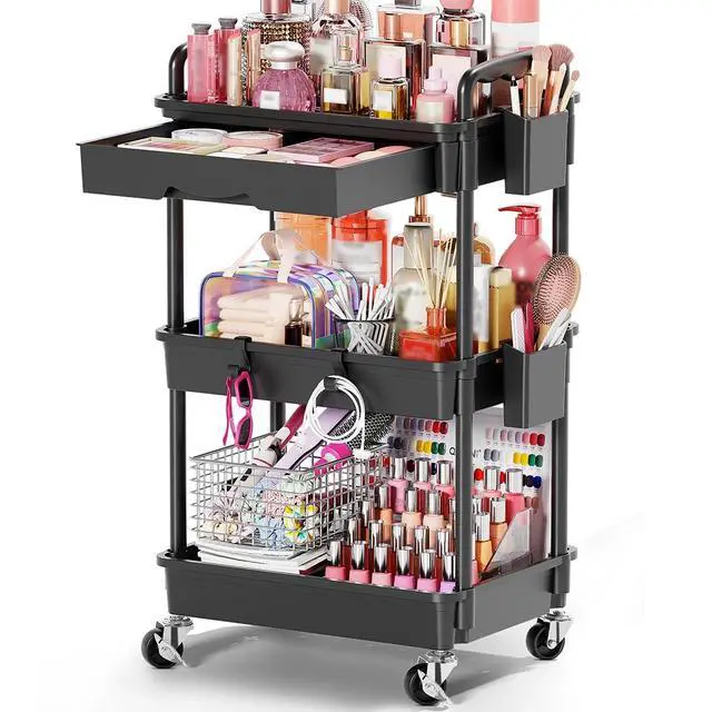 Main image of Rolling Makeup Organizer Cart with Removable Drawer, 3 Tier Black | Stable Floor Skincare Storage Cart for Vanity, Cosmetic Display, Nail Polish, Perfume, Hair Stuff, Beauty, Bathroom(Plastic)