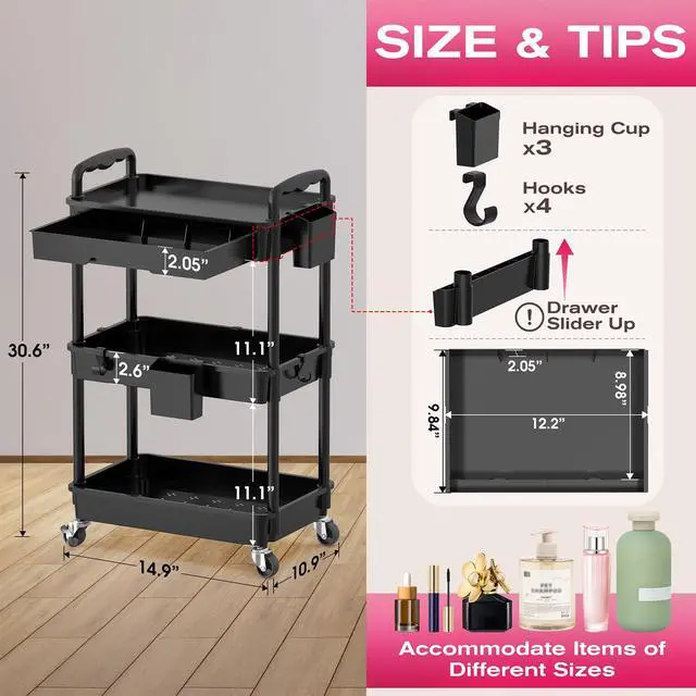 Alt view image 2 of 7 - Rolling Makeup Organizer Cart with Removable Drawer, 3 Tier Black | Stable Floor Skincare Storage Cart for Vanity, Cosmetic Display, Nail Polish, Perfume, Hair Stuff, Beauty, Bathroom(Plastic)