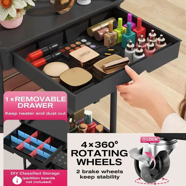 Alt view image 3 of 7 - Rolling Makeup Organizer Cart with Removable Drawer, 3 Tier Black | Stable Floor Skincare Storage Cart for Vanity, Cosmetic Display, Nail Polish, Perfume, Hair Stuff, Beauty, Bathroom(Plastic)