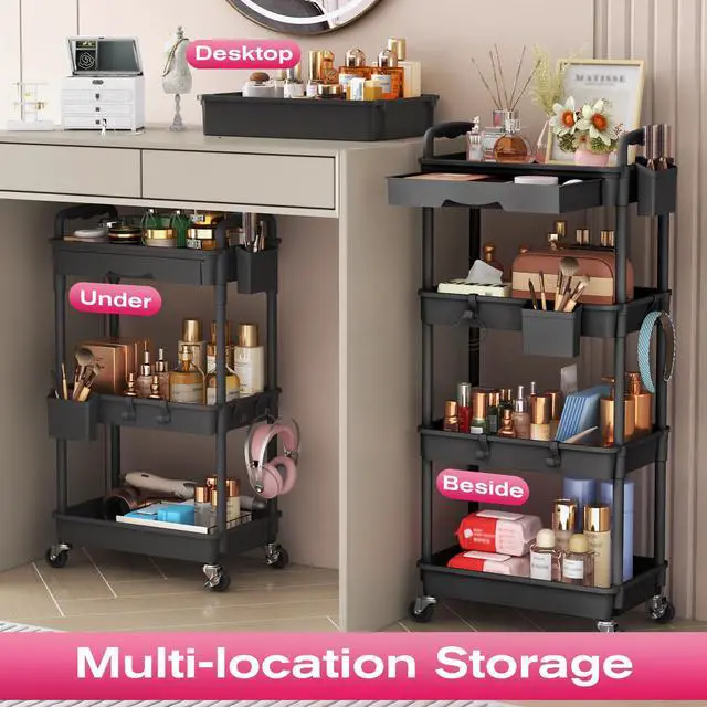 Alt view image 6 of 7 - Rolling Makeup Organizer Cart with Removable Drawer, 3 Tier Black | Stable Floor Skincare Storage Cart for Vanity, Cosmetic Display, Nail Polish, Perfume, Hair Stuff, Beauty, Bathroom(Plastic)