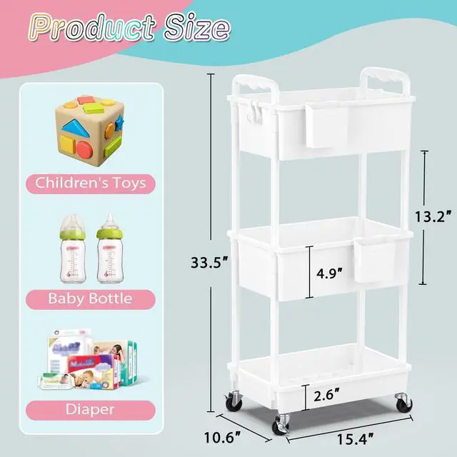 Alt view image 2 of 7 - Baby Diaper Caddy Cart,3 Tier Rolling Diaper Cart for Nursery,White | Large Capacity & Easy Assemble Diaper Storage Organizer with Lockable Wheels for Newborn, New Mom, Baby Girl Boy Essentials