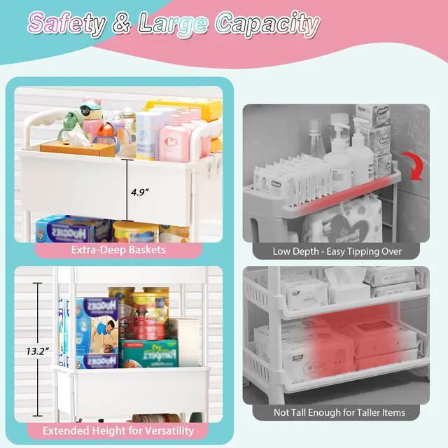 Alt view image 3 of 7 - Baby Diaper Caddy Cart,3 Tier Rolling Diaper Cart for Nursery,White | Large Capacity & Easy Assemble Diaper Storage Organizer with Lockable Wheels for Newborn, New Mom, Baby Girl Boy Essentials