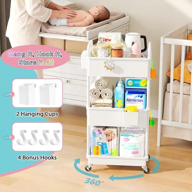 Alt view image 4 of 7 - Baby Diaper Caddy Cart,3 Tier Rolling Diaper Cart for Nursery,White | Large Capacity & Easy Assemble Diaper Storage Organizer with Lockable Wheels for Newborn, New Mom, Baby Girl Boy Essentials