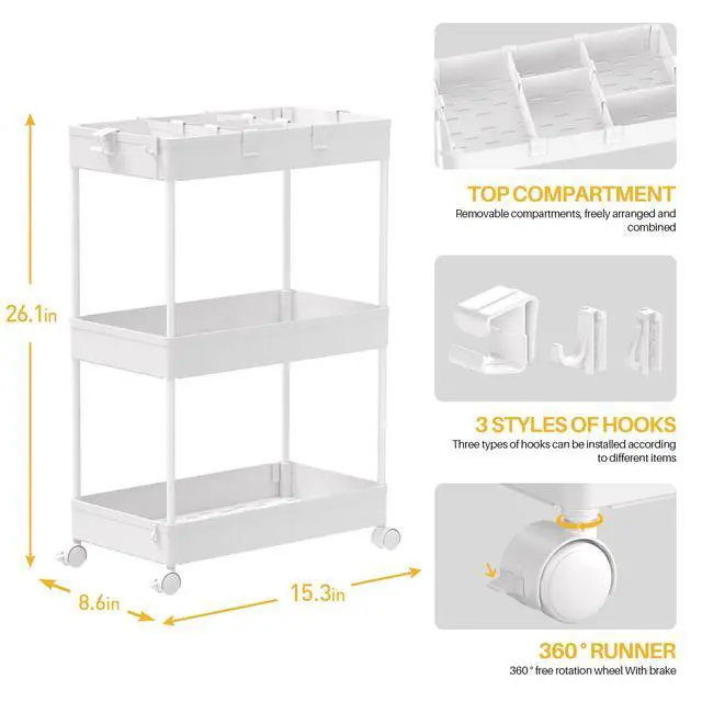 Alt view image 2 of 7 - 3 Tier Rolling Cart with Wheels, Storage Craft Art Trolley Organizer Serving, 3 Hanging Baskets Easy Assembly, for Office, BathroomLiving Room, Kitchen, White