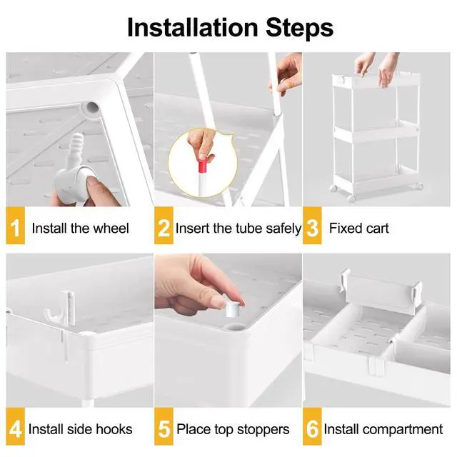 Alt view image 3 of 7 - 3 Tier Rolling Cart with Wheels, Storage Craft Art Trolley Organizer Serving, 3 Hanging Baskets Easy Assembly, for Office, BathroomLiving Room, Kitchen, White
