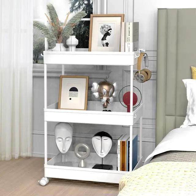 Alt view image 7 of 7 - 3 Tier Rolling Cart with Wheels, Storage Craft Art Trolley Organizer Serving, 3 Hanging Baskets Easy Assembly, for Office, BathroomLiving Room, Kitchen, White