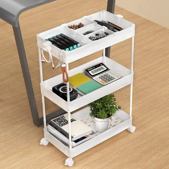 Alt view image 6 of 7 - 3 Tier Rolling Cart with Wheels, Storage Craft Art Trolley Organizer Serving, 3 Hanging Baskets Easy Assembly, for Office, BathroomLiving Room, Kitchen, White