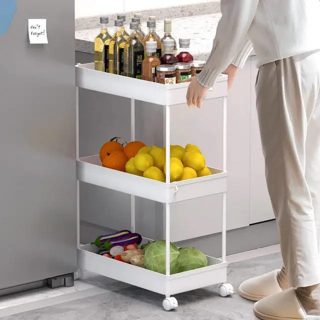 Alt view image 5 of 7 - 3 Tier Rolling Cart with Wheels, Storage Craft Art Trolley Organizer Serving, 3 Hanging Baskets Easy Assembly, for Office, BathroomLiving Room, Kitchen, White